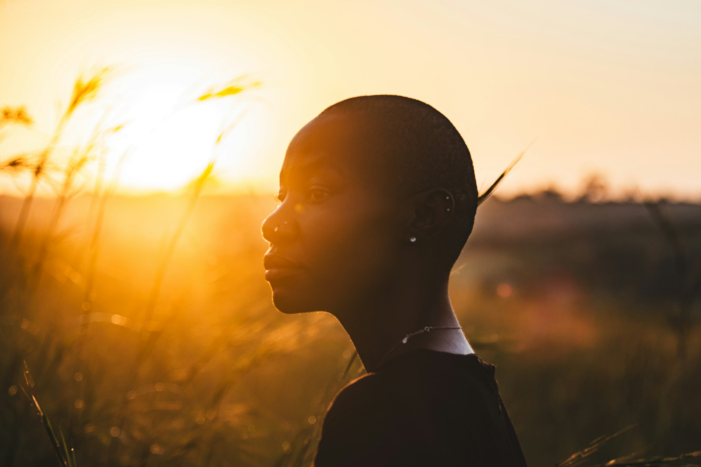 A person in silhouette standing in tall grass as the sun rises behind them.